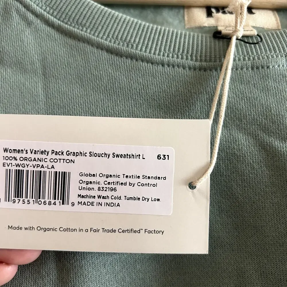 Pact Organic Cotton Green Herb Garden Slouchy Sweatshirt Crewneck Pullover NWT L - Picture 3 of 5